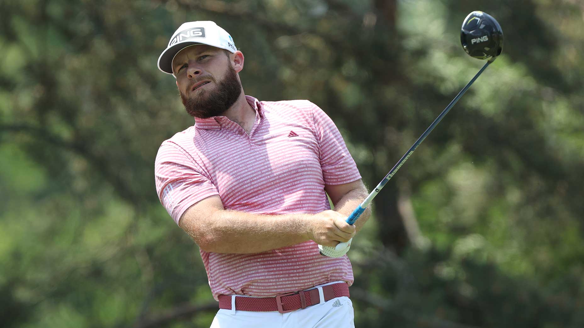 tyrrell hatton watches a shot at the 2023 memorial tournament
