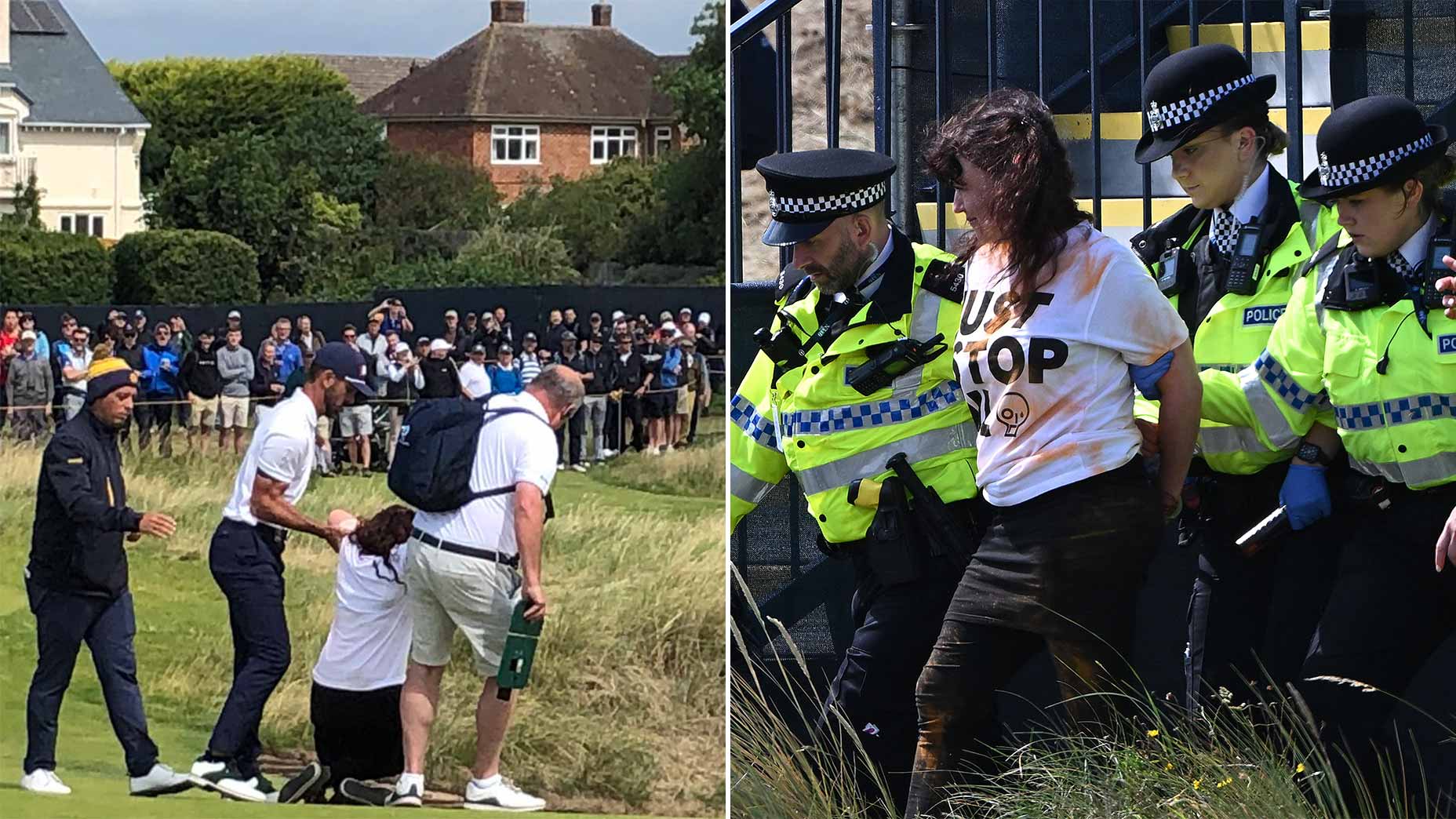 Police officers escort a protestor from Just Stop Oil away from the 17th green on day two of the 151st Open Championship at Royal Liverpool Golf Course in Hoylake, north west England on July 21, 2023. The 151st Open at The Royal Liverpool Golf Course is set to run until July 23.