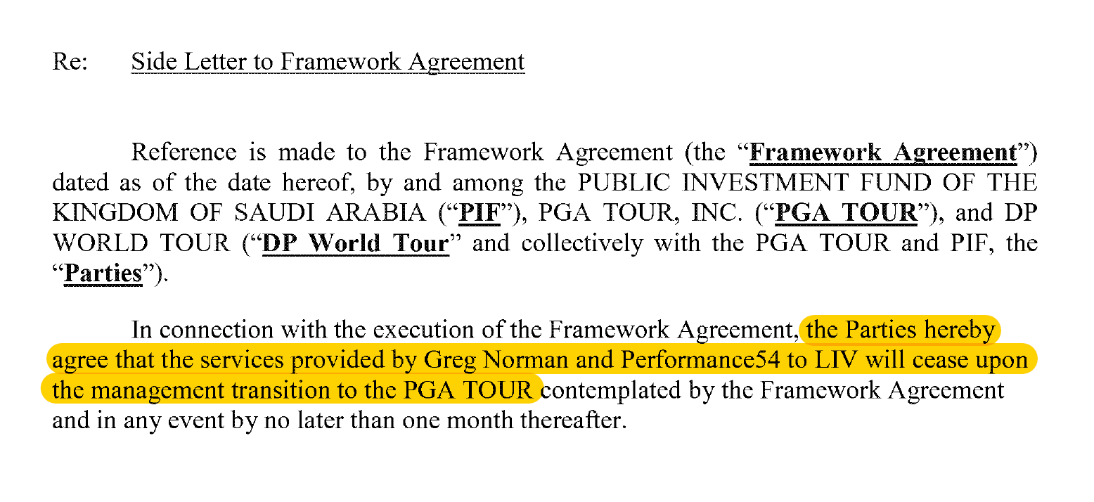 Greg norman side letter pga tour