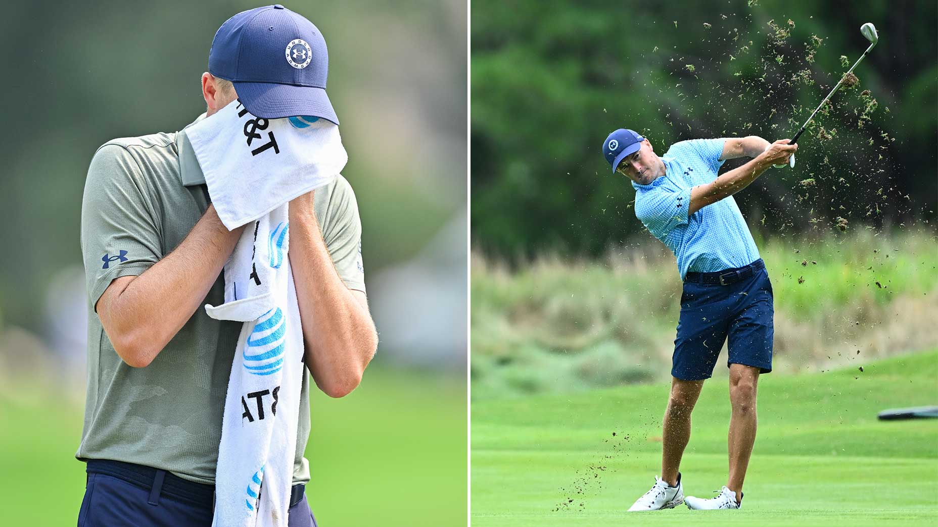 Jordan Spieth wipes his face with a towel on the 11th green during the second round of the FedEx St. Jude Championship at TPC Southwind on August 11, 2023 in Memphis, Tennessee.