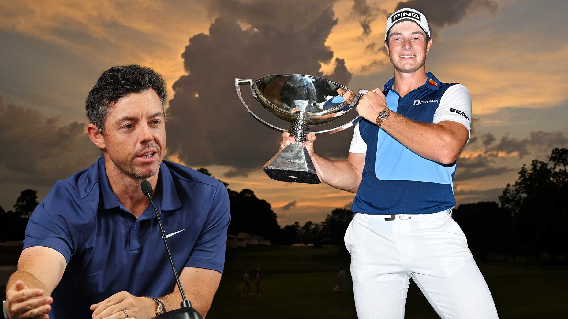 Viktor Hovland of Norway poses with the FedEx Cup Trophy after putting in to win on the 18th green during the final round of the TOUR Championship at East Lake Golf Club on August 27, 2023 in Atlanta, Georgia.