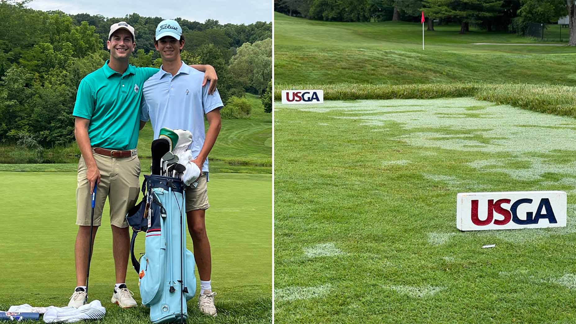 Jack Hirsh and caddie Ben Braver at the U.S. Mid-Amateur qualifier at Whitford Country Club on August 14, 2023.
