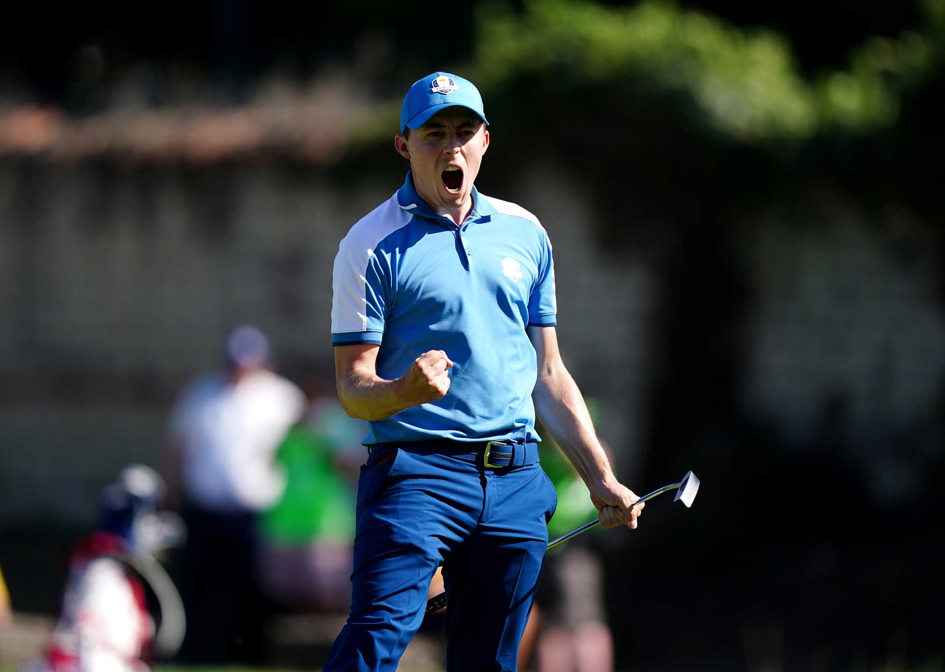 Team Europe's Matt Fitzpatrick celebrates on the 5th green, during the fourballs on day one of the 44th Ryder Cup.