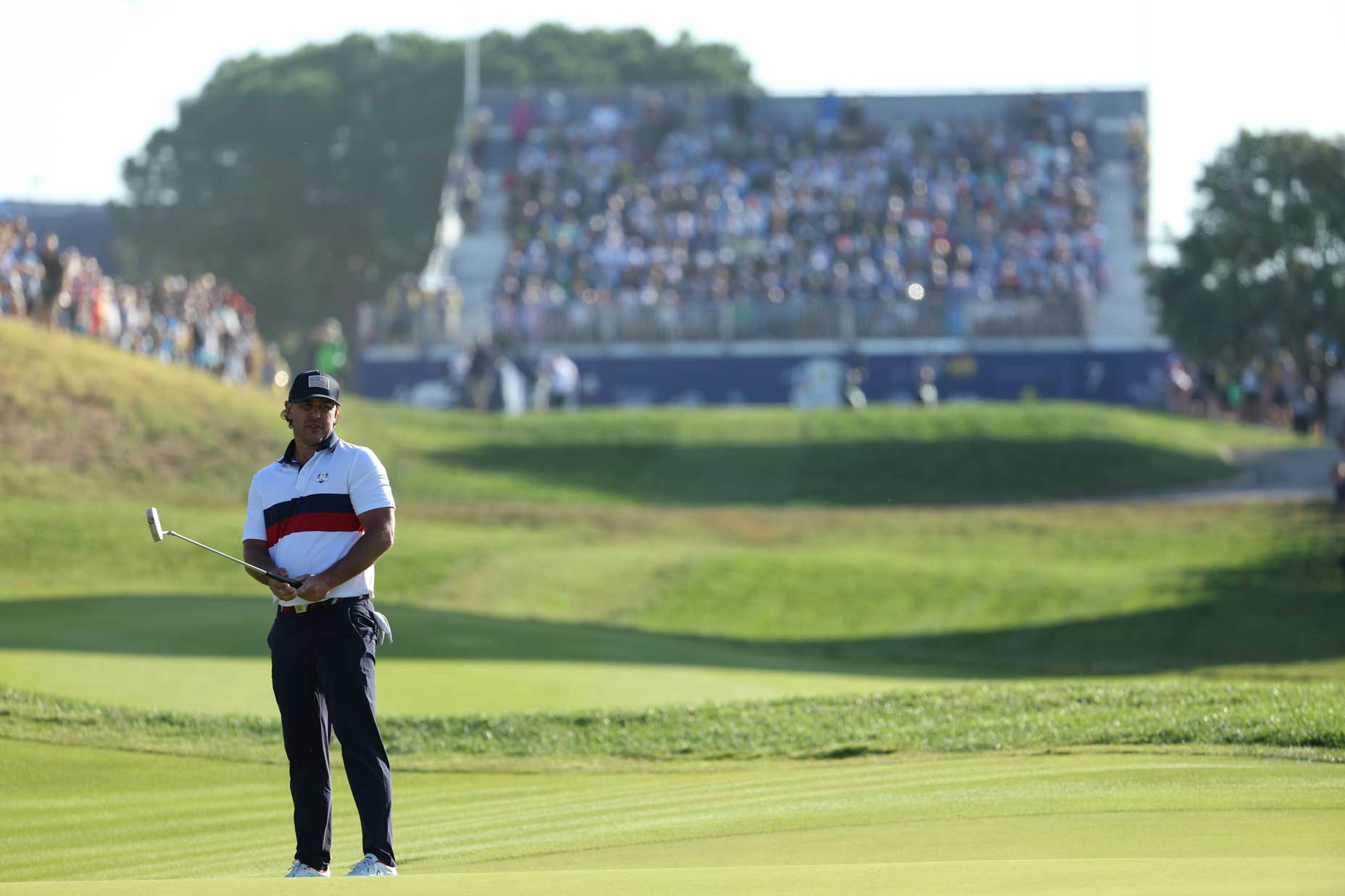 Brooks Koepka of Team United States reacts to a missed putt during the Saturday morning foursomes matches of the 2023 Ryder Cup at Marco Simone Golf Club on September 30, 2023 in Rome, Italy.