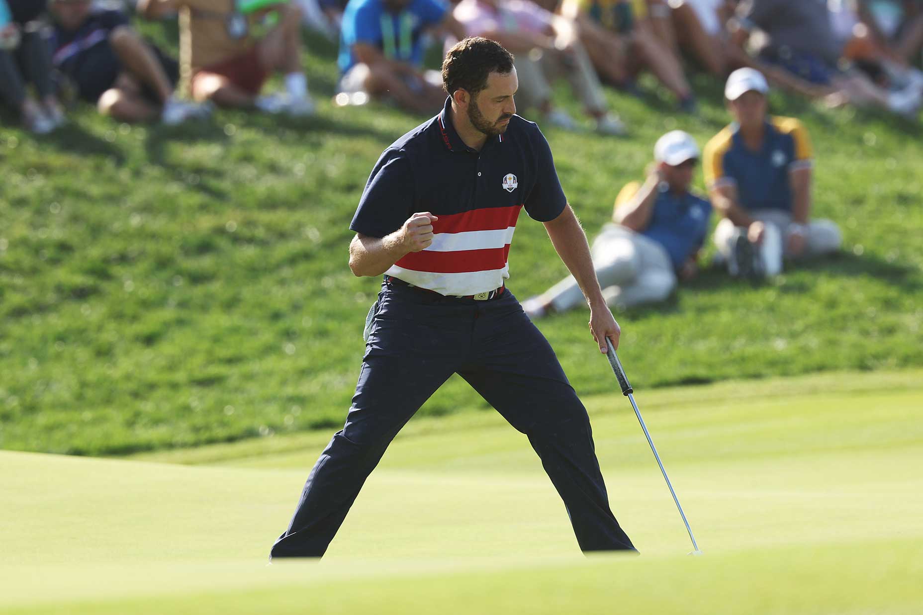 Patrick Cantlay of Team United States celebrates on the 17th green during the Sunday singles matches of the 2023 Ryder Cup at Marco Simone Golf Club on October 01, 2023 in Rome, Italy.