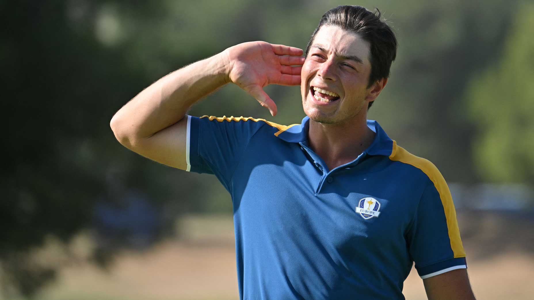 Europe's Norwegian golfer, Viktor Hovland reacts on the 15th green after his win over US golfer, Collin Morikawa in their singles match on the final day of play in the 44th Ryder Cup at the Marco Simone Golf and Country Club in Rome on October 1, 2023.