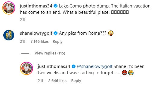 Justin Thomas and Shane Lowry's replies from Thomas' Instagram post