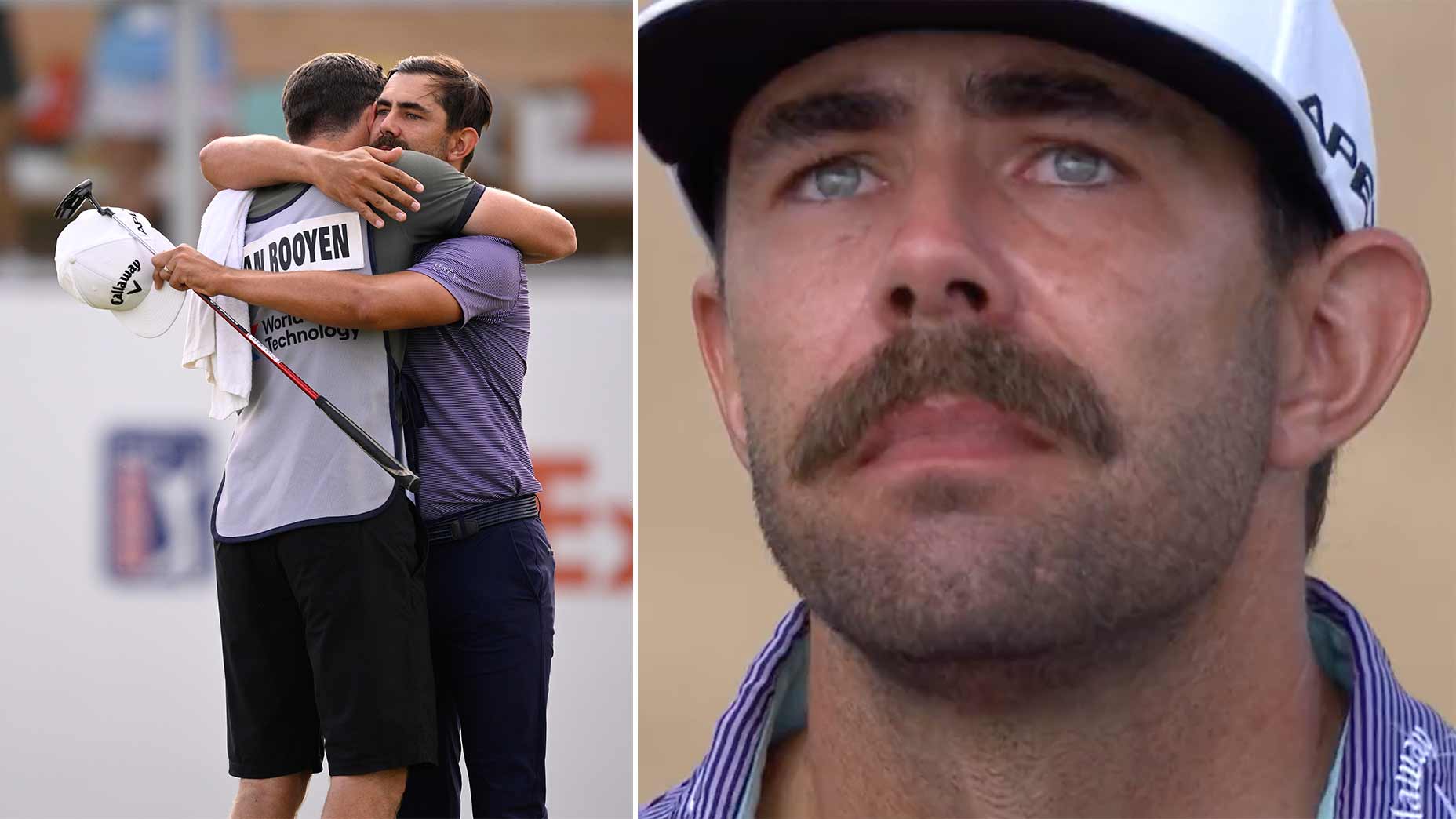 (L) Erik Van Rooyen hugs his caddie. (R) Erik Van Rooyen cries during an interview.