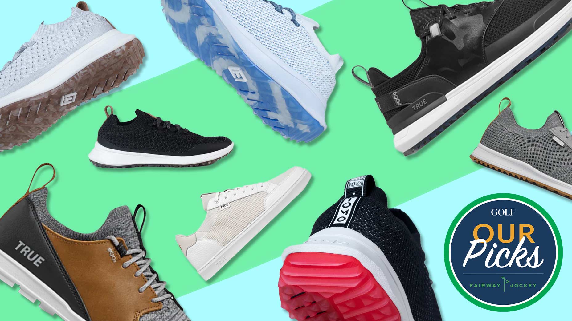 Golf shoes scattered on turquoise background