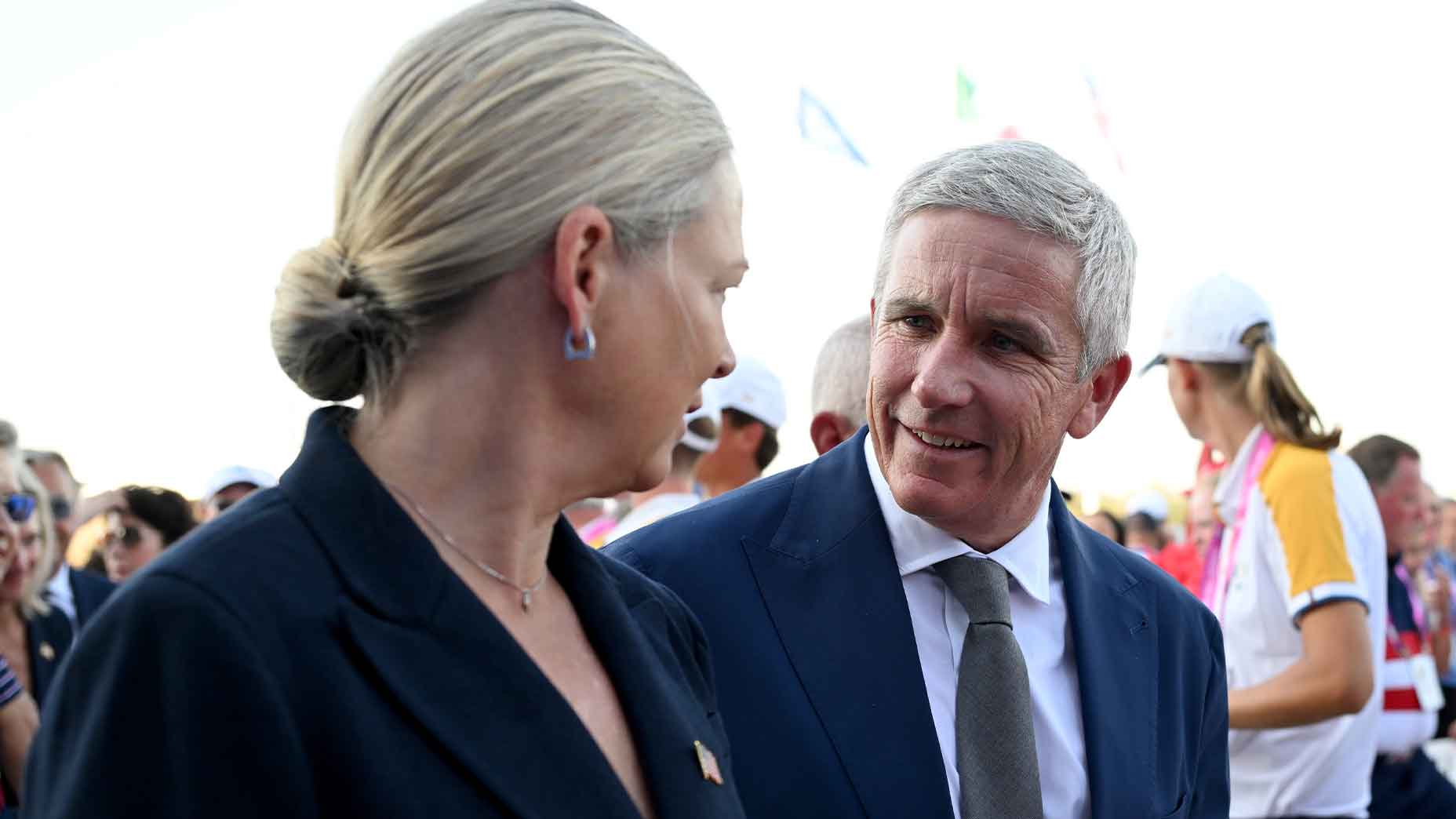 jay monahan smiles in a suit from the Ryder Cup opening ceremony in Rome