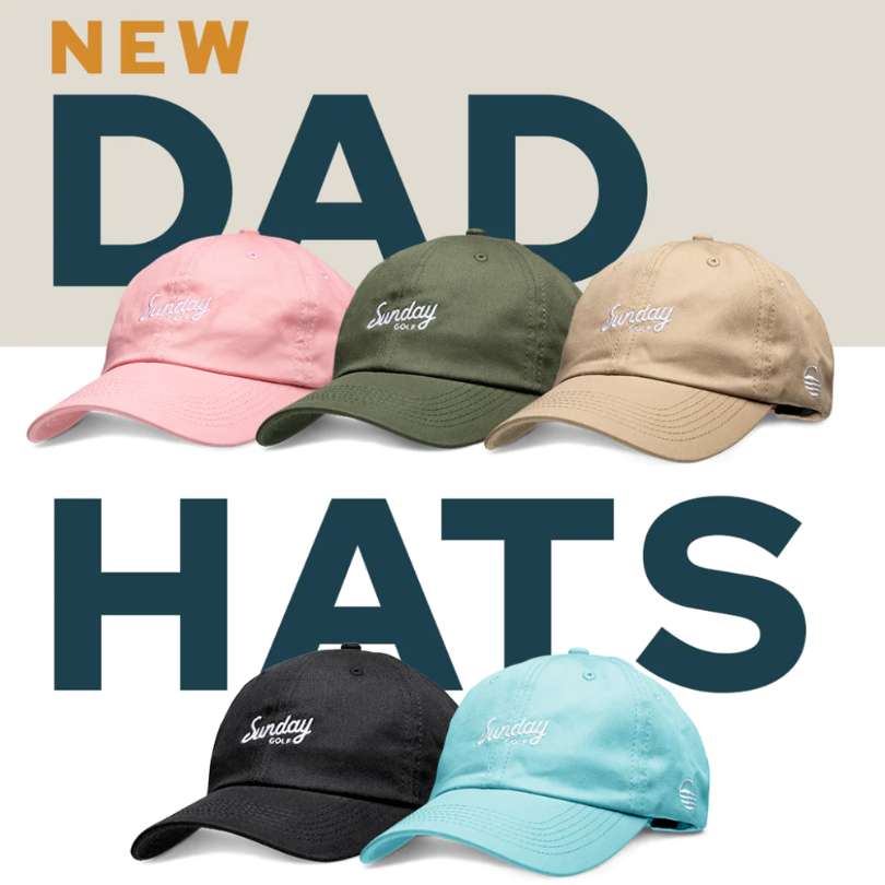 Sunday Golf dad Hats - New - shown in all 6 colors. Pink, army green, tan, black and blue.