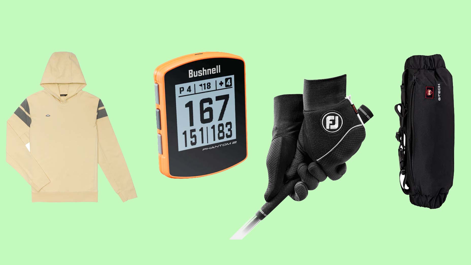 A golf hoodie, rangefinder device, golf gloves and heated hand warmer against a green background