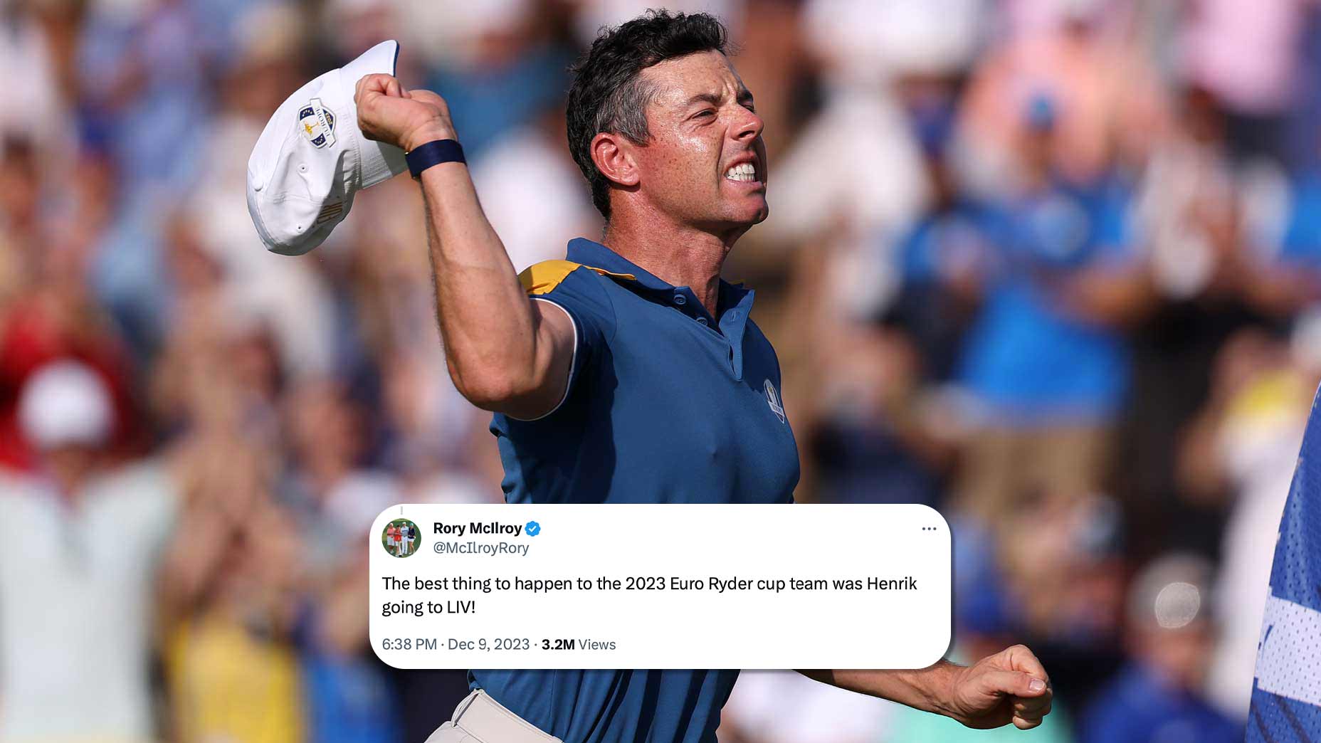 Rory McIlroy screams in celebration of match win at 2023 Ryder Cup in Rome.