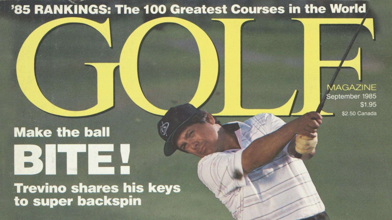 lee trevino hits shot with iron during GOLF Magazine photoshoot in 1985