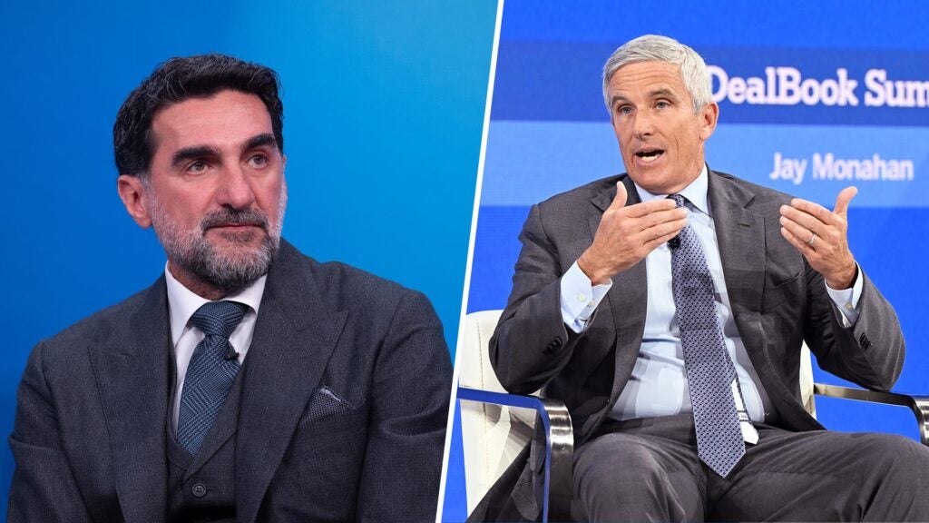 yasir al rumayyan and jay monahan speak at conferences in suits and ties