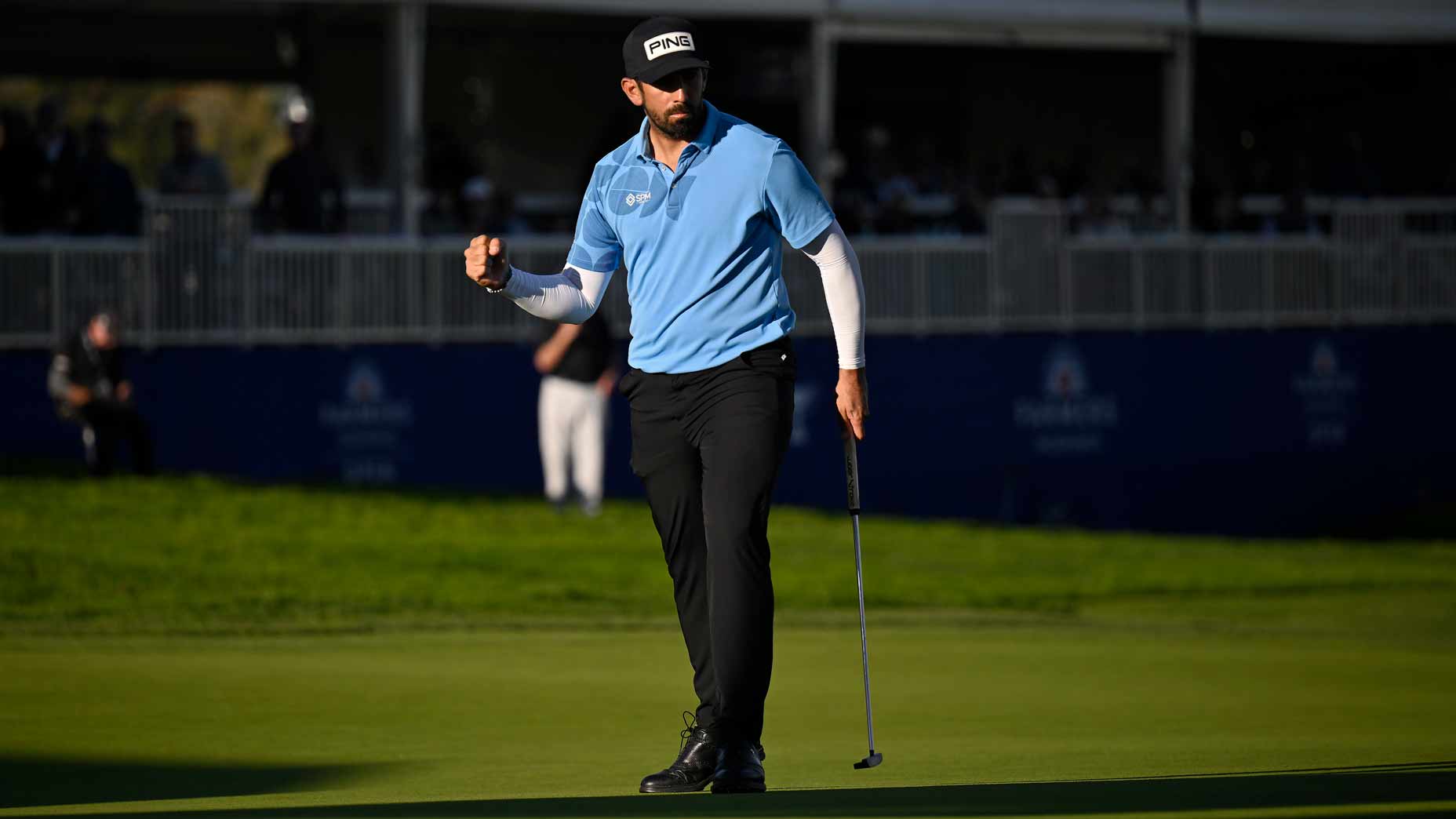 Matthieu Pavon reacts after making par at Torrey Pines.