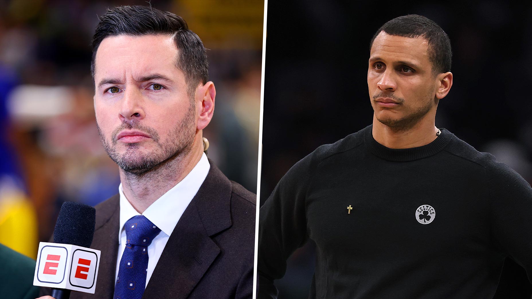 jj redick speaks into a microphone and joe mazzulla walks in a black shirt.