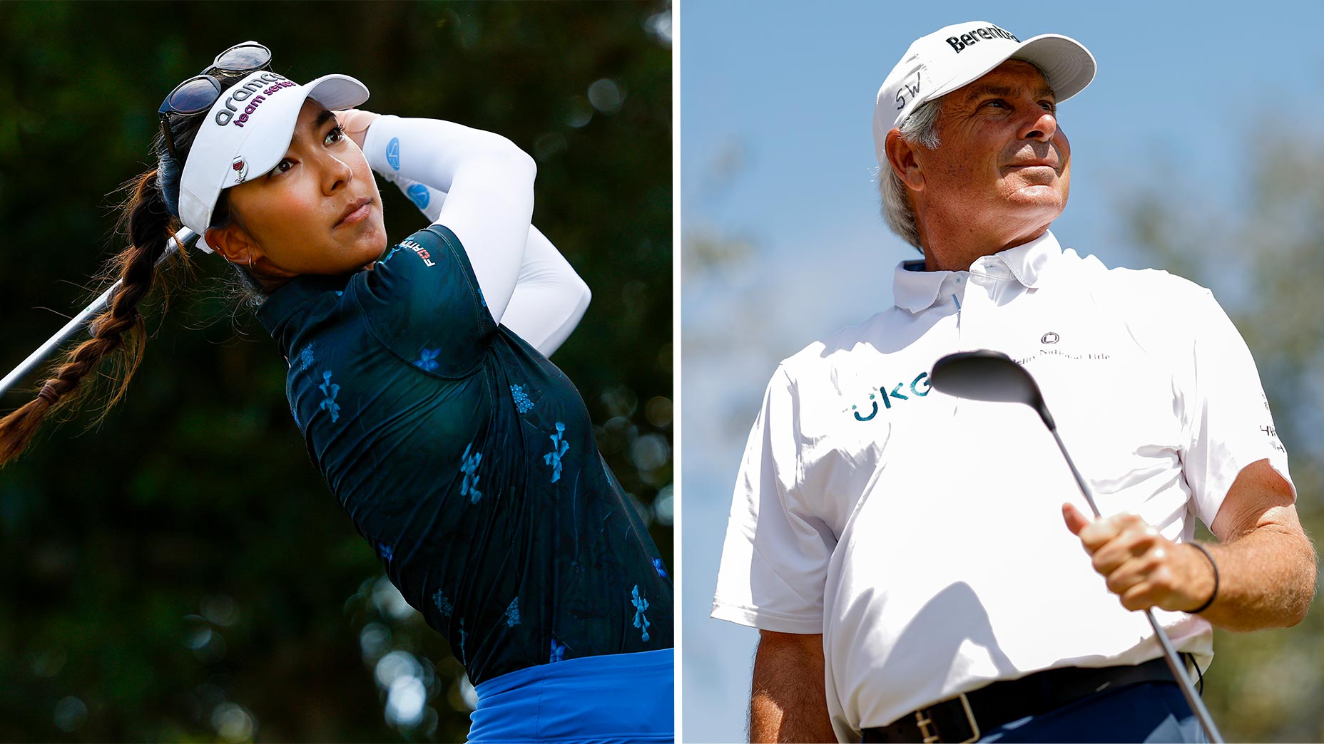 alison lee swings driver in white visor, freddie couples holds driver in white shirt