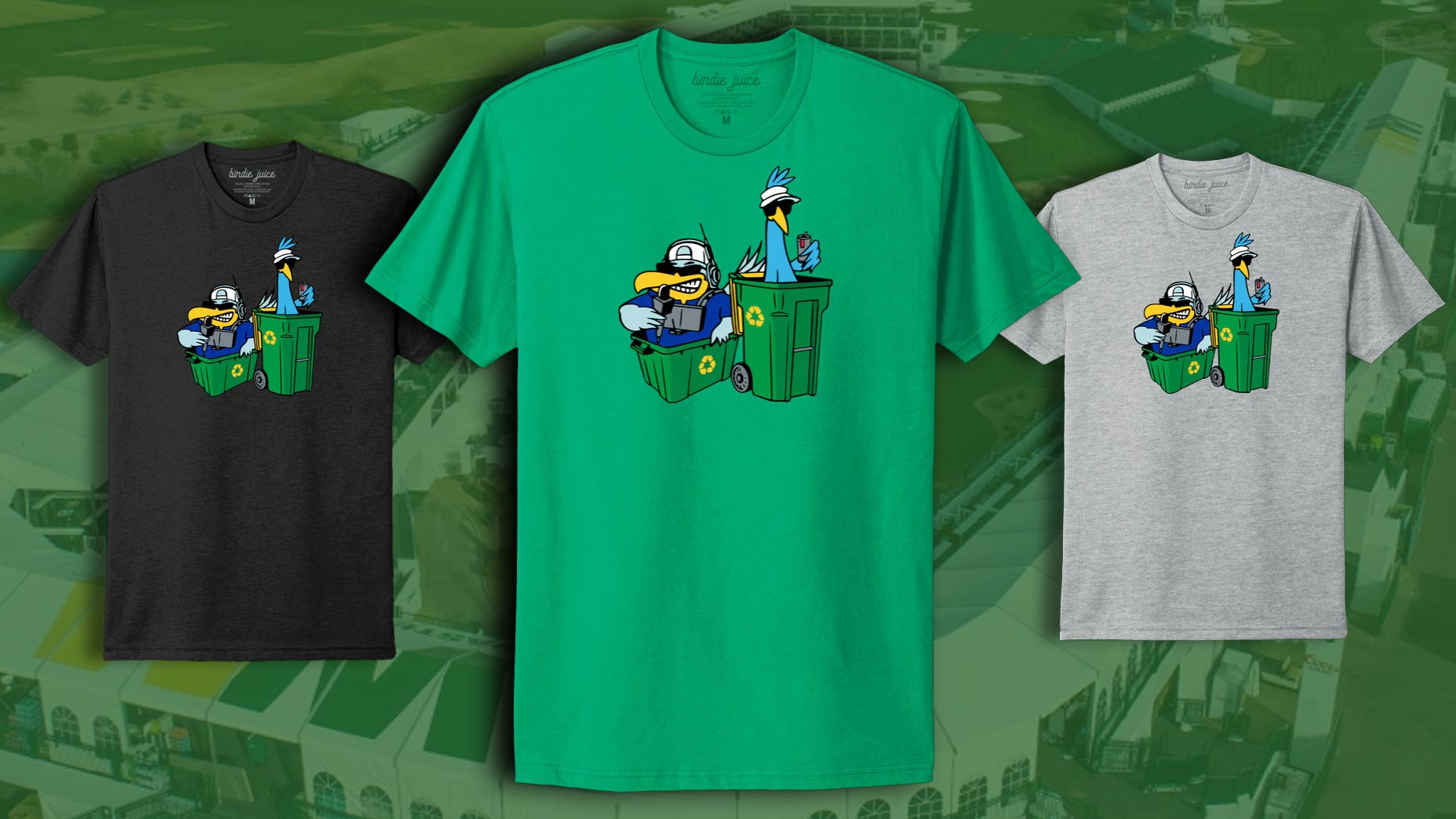 3 limited edition t-shirts showing the birds representing Colt Knost and Drew Stoltz peeking out of WM recycling bins. Available in black, green and grey.