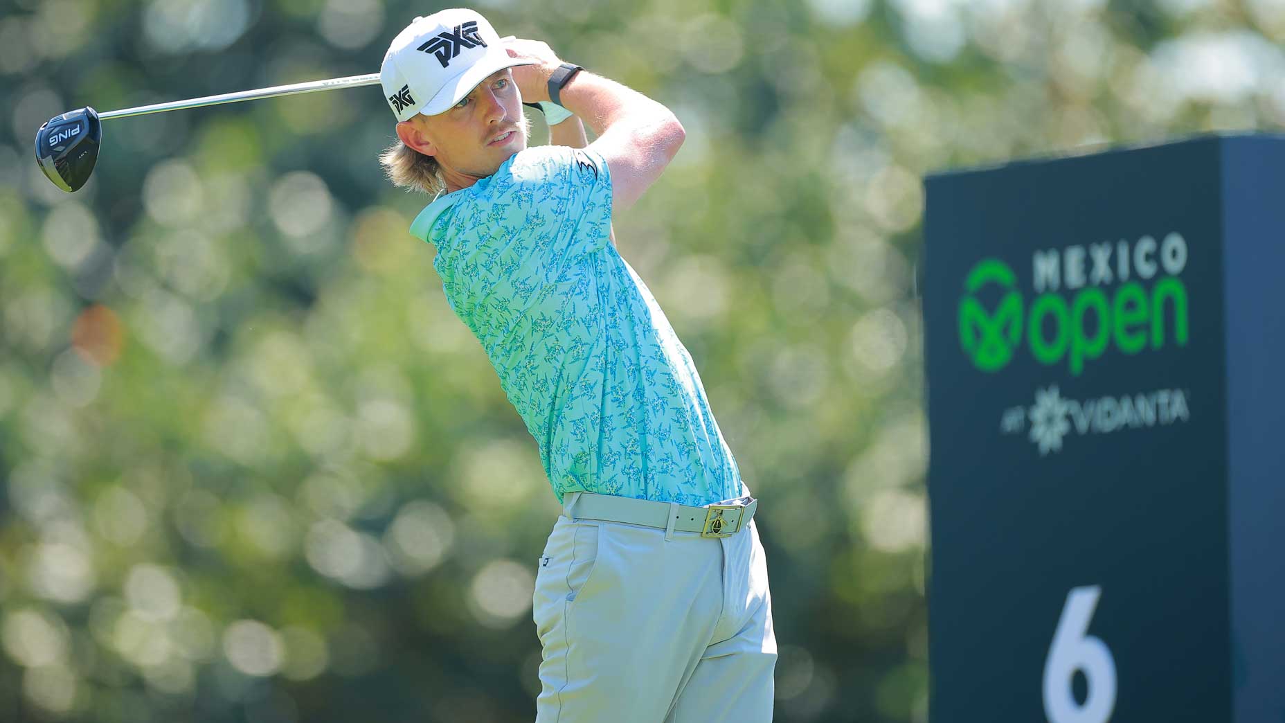 Jake Knapp hits a tee shot at Vidanta.