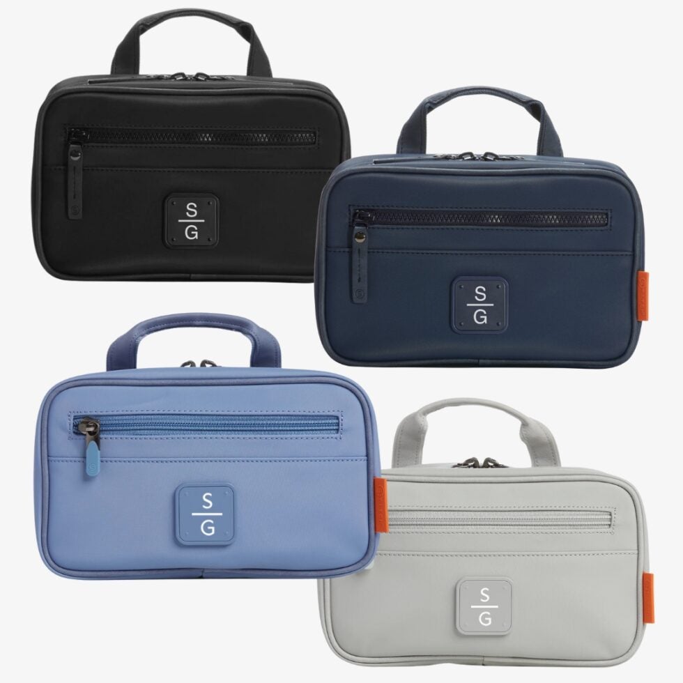 Stitch Golf Travel Dopp Kits, shown in their 4 color offerings-- Black, light blue, navy blue, and grey.