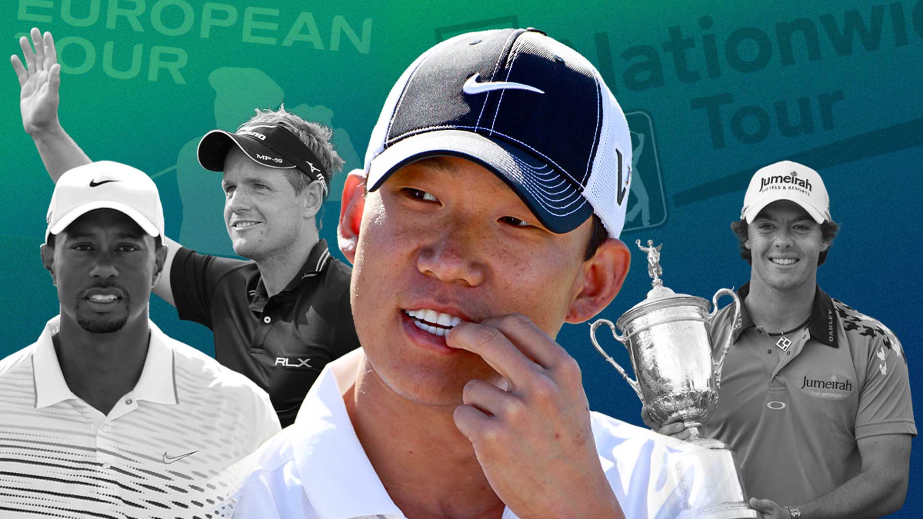 Pro golf composite image featuring Anthony Kim at the center