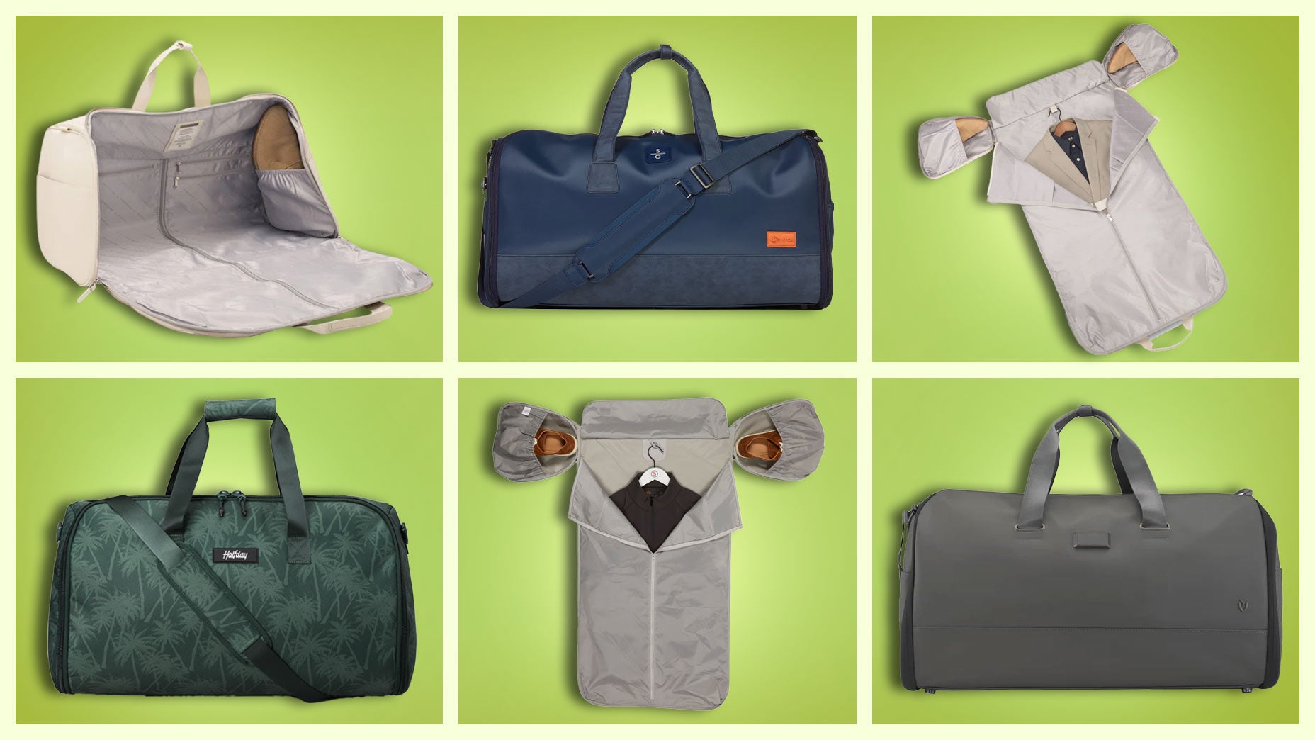 Featuring 2-in-1 garment duffel bags by Stitch Golf, Vessel Golf and Halfday. Various bags are shown in green, blue and grey in their zipped and unzipped functions.