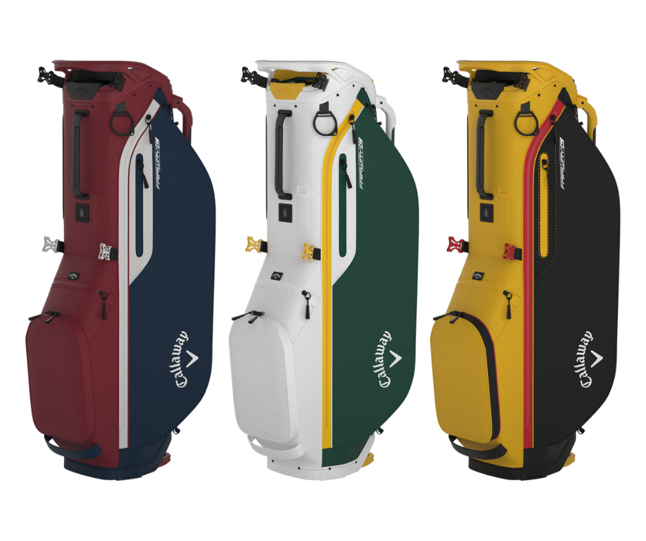 Callaway Fairway C Stand Bags shown in 3 colors: red/white/navy, white/green/yellow, yellow/orange/black - more colors available.