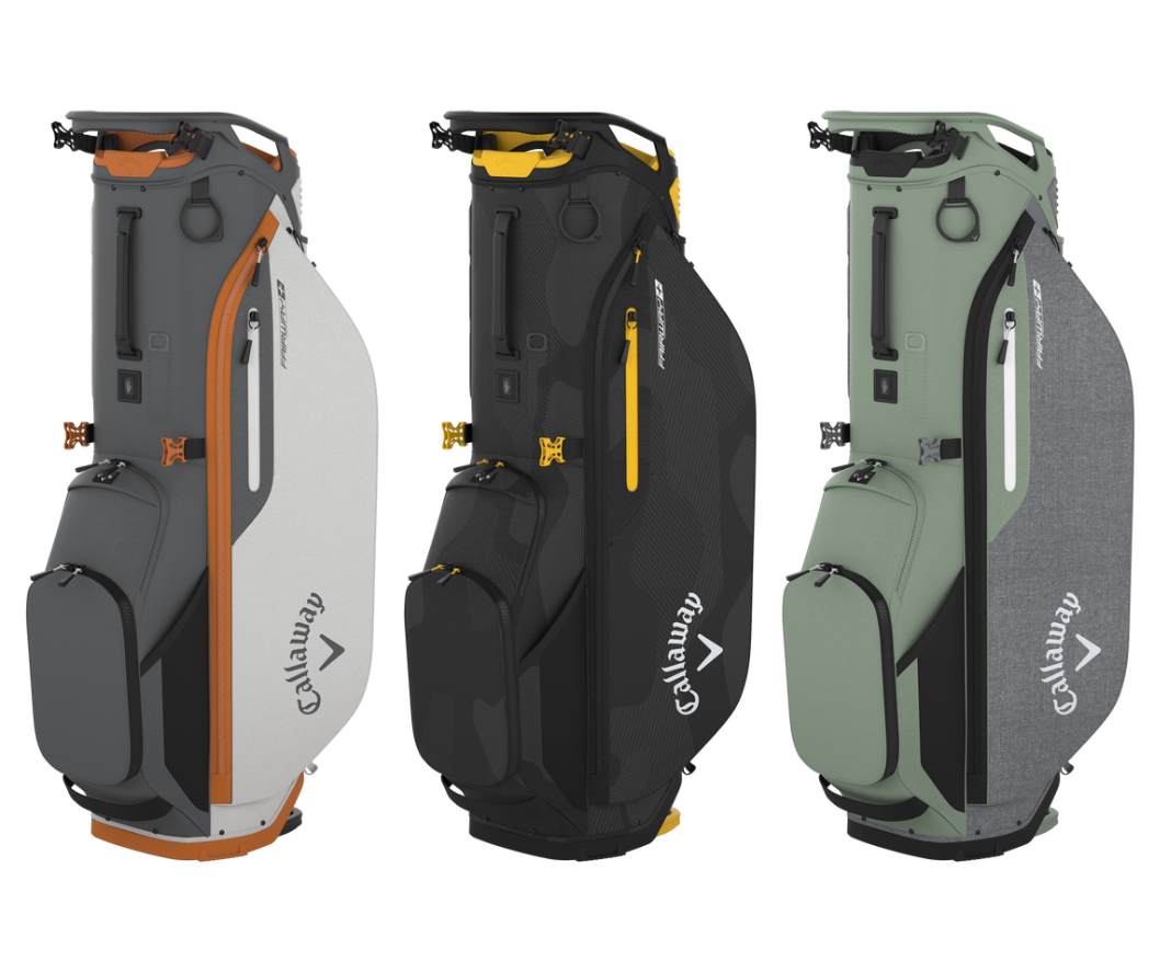 Callaway Fairway + Stand Bag shown in three colors: grey/white/orange, black/yellow, teal-green/grey