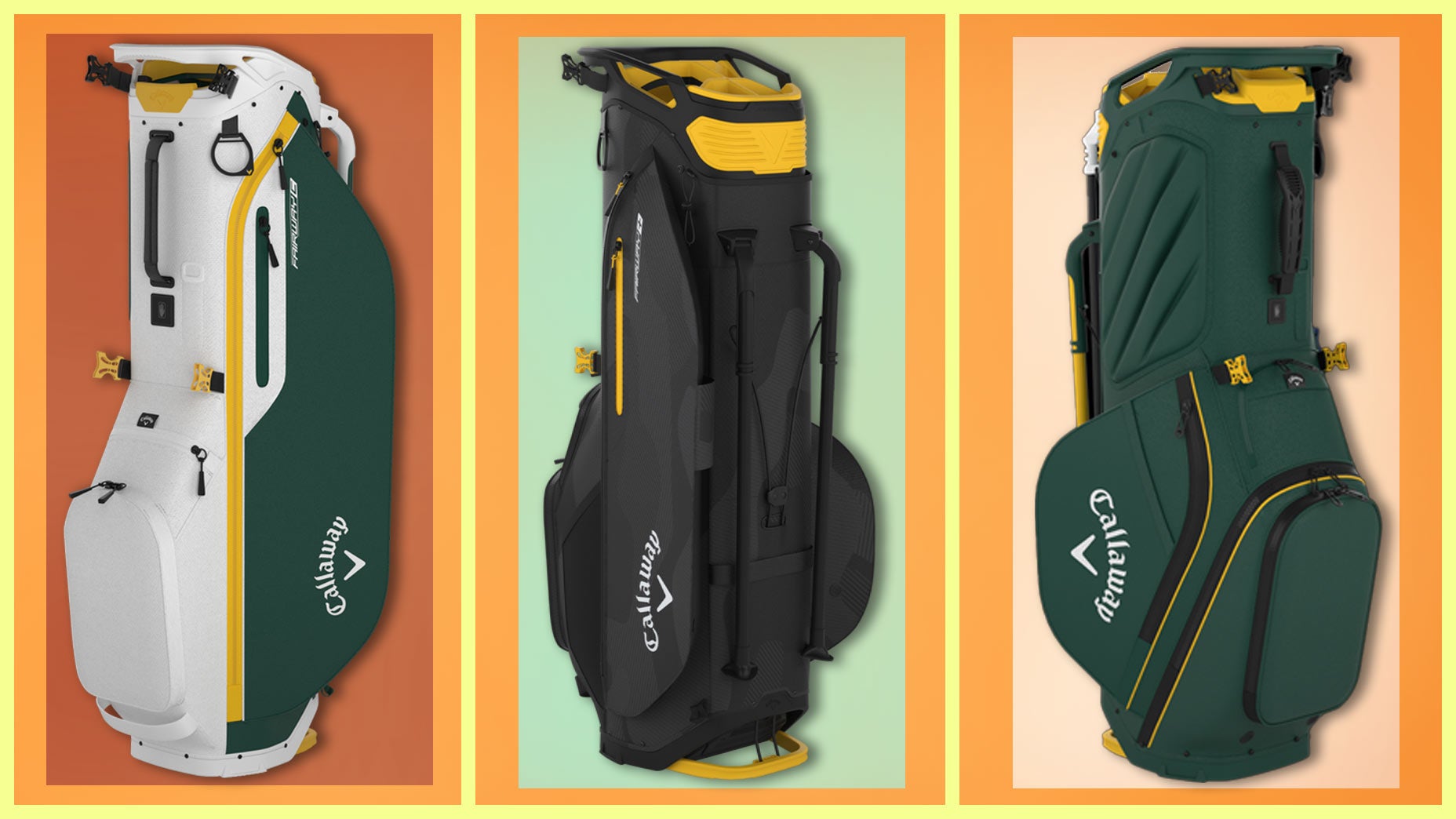 Callaway Fairway Stand Bags lineup 204 featuring 3 bag styles in this image in green, white, black, yellow.