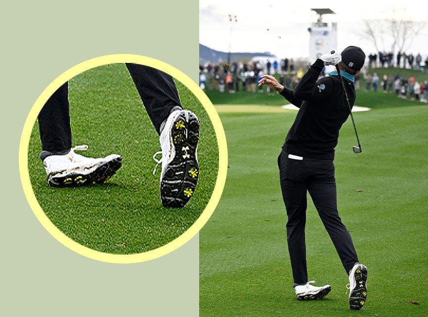 Jordan Spieth at the WM Phoenix Open wearing white Under Armour shoes.