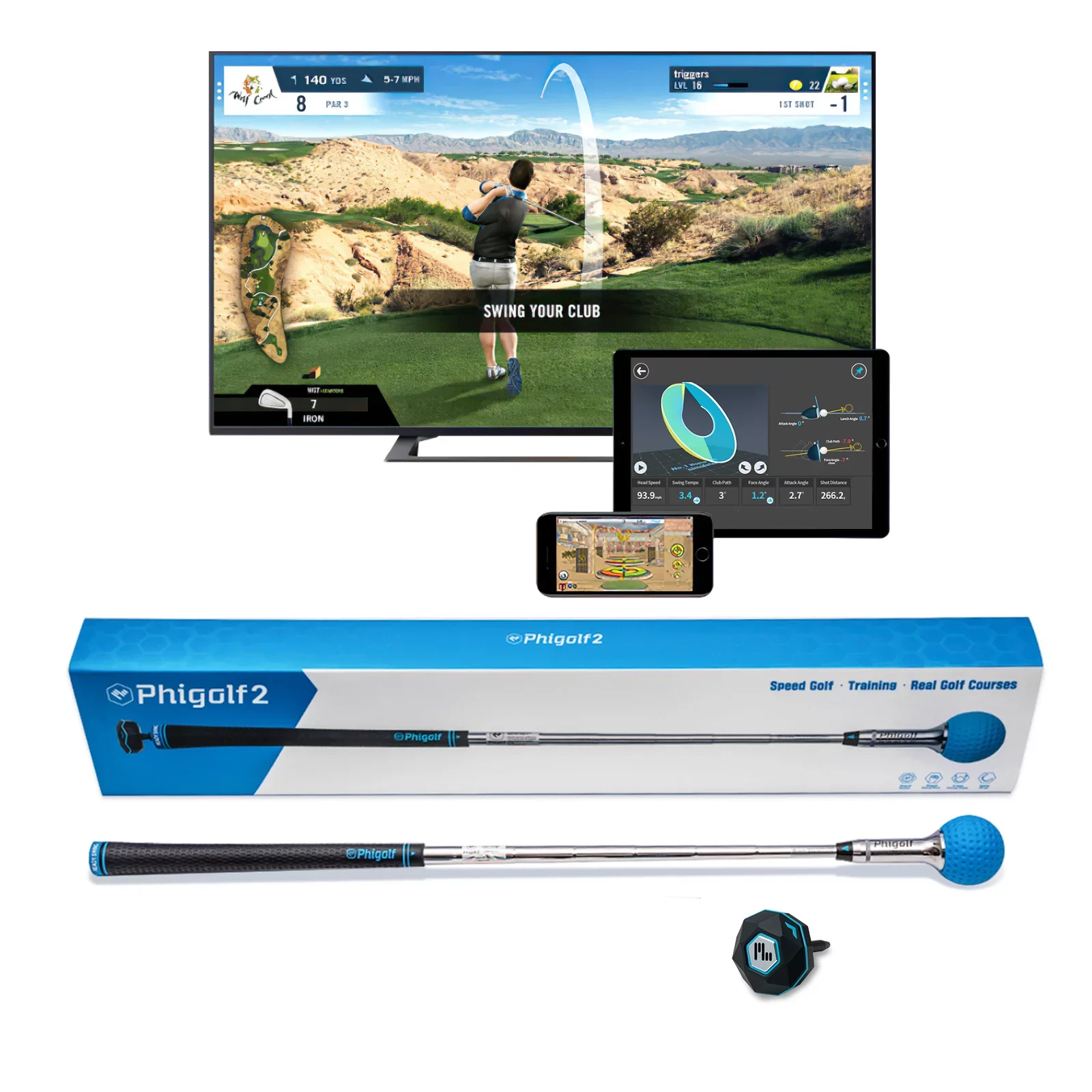 Raining outside? Short on space to practice? Travelling for work? Phigolf has you covered! The portable golf simulator, provides you with an opportunity to improve your swing from anywhere in the world. The Phigolf 2 package includes a compact swing trainer club that simulates the feel of a real golf club, as well as a sensor that can be inserted into your own clubs for use with the simulator. You can also use the Phigolf 2 swing stick and sensor with popular golfing apps like World Golf Tour and E6 Connect and play on renowned championship courses.