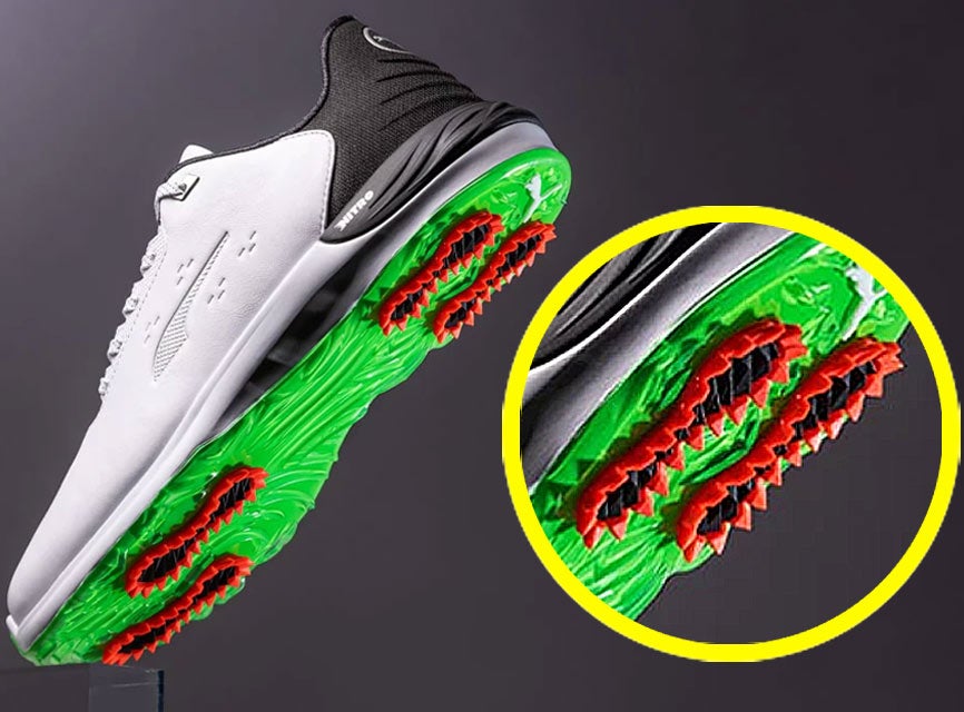 A zoom-in view of the new Puma Phantomcat Nitro spiked golf shoes to be released for sale on February 15th. The shoe in the featured image is white/black with a green sole and and orange spikes.