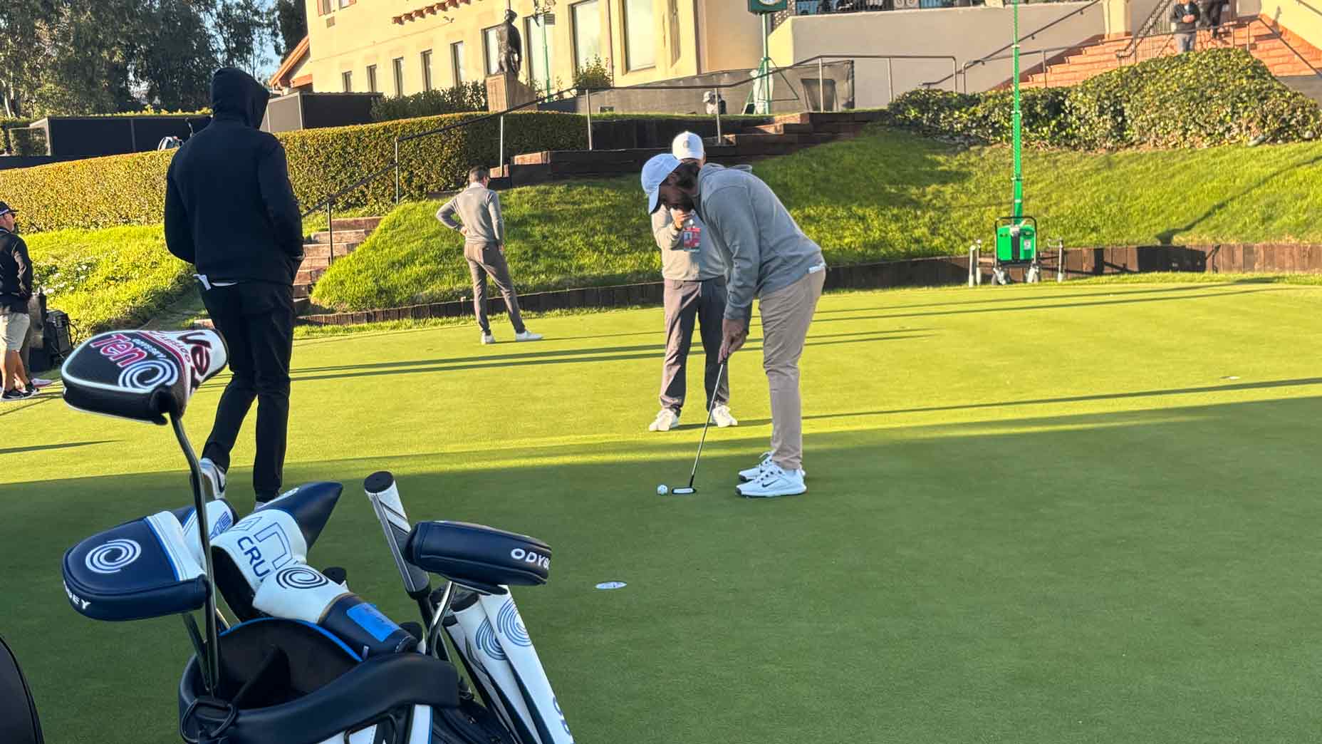 Pro golfer tommy fleetwood practices putting at Riviera before the 2024 genesis invitational