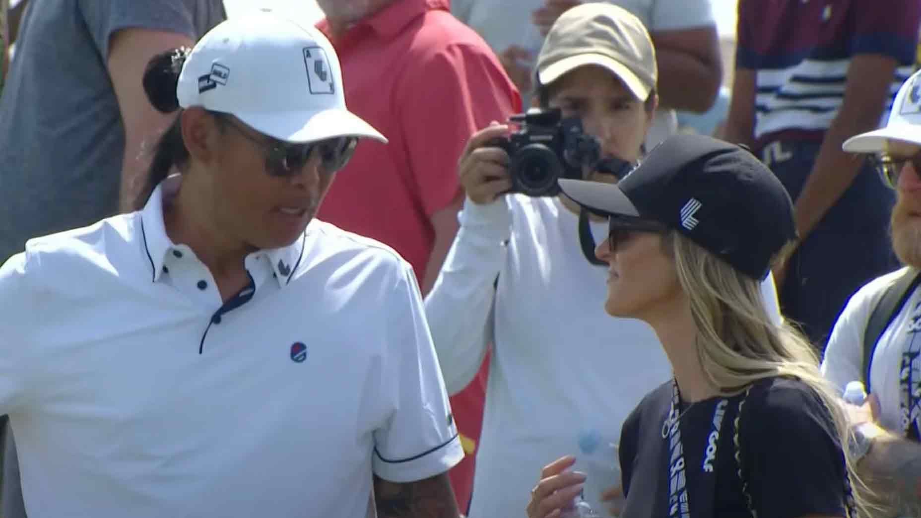 Anthony Kim and his wife emily during first round of LIV Jeddah