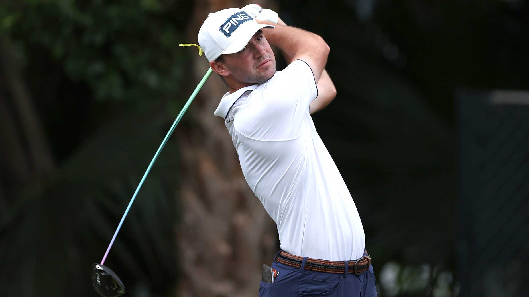 Austin Eckroat tees off during the final round of the Cognizant Classic on Sunday at PGA National Resort in Palm Beach Gardens, Fla.