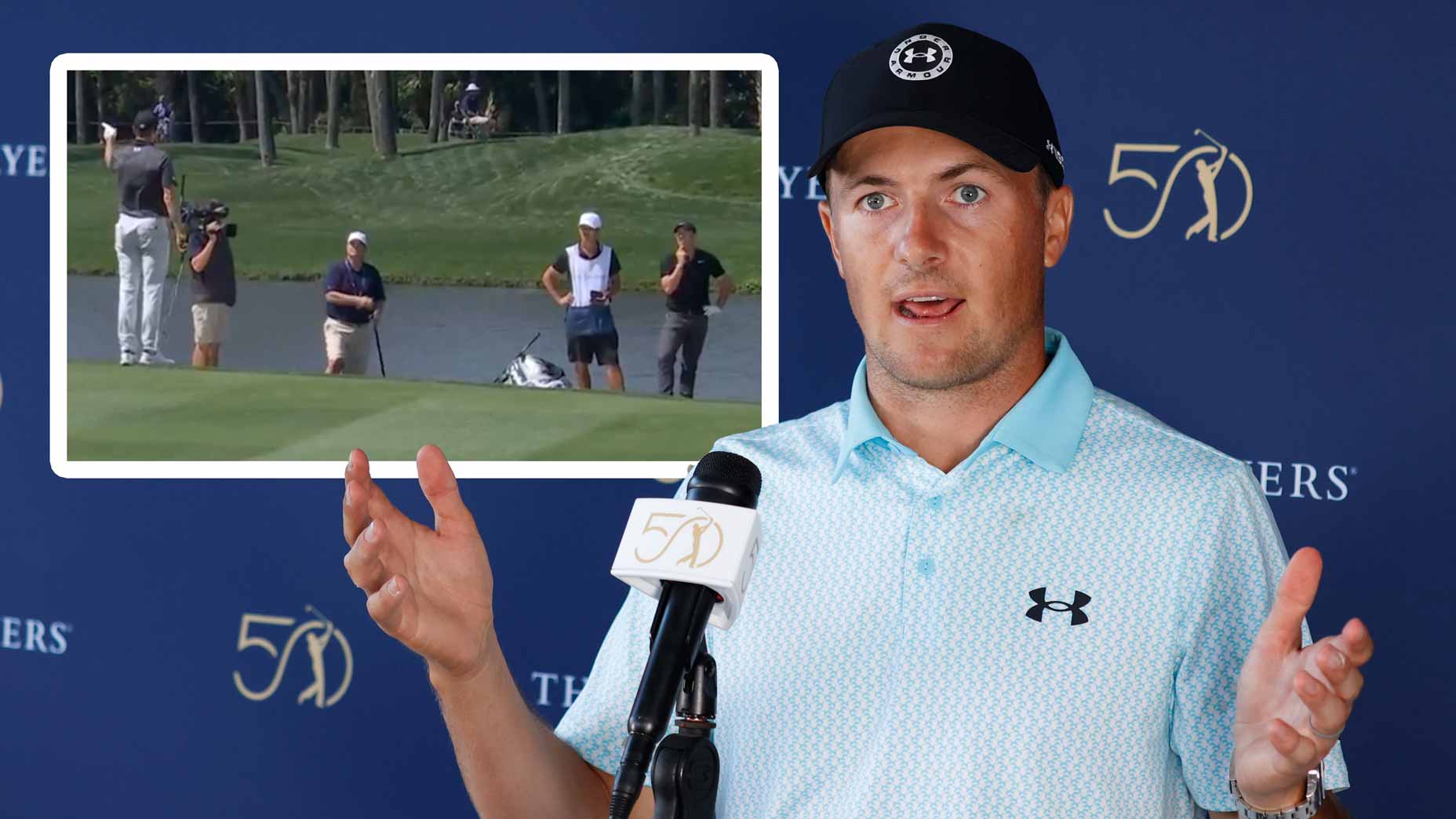 Jordan Spieth speaks to the media at the Players with an image of him and Rory McIlroy discussing a drop.