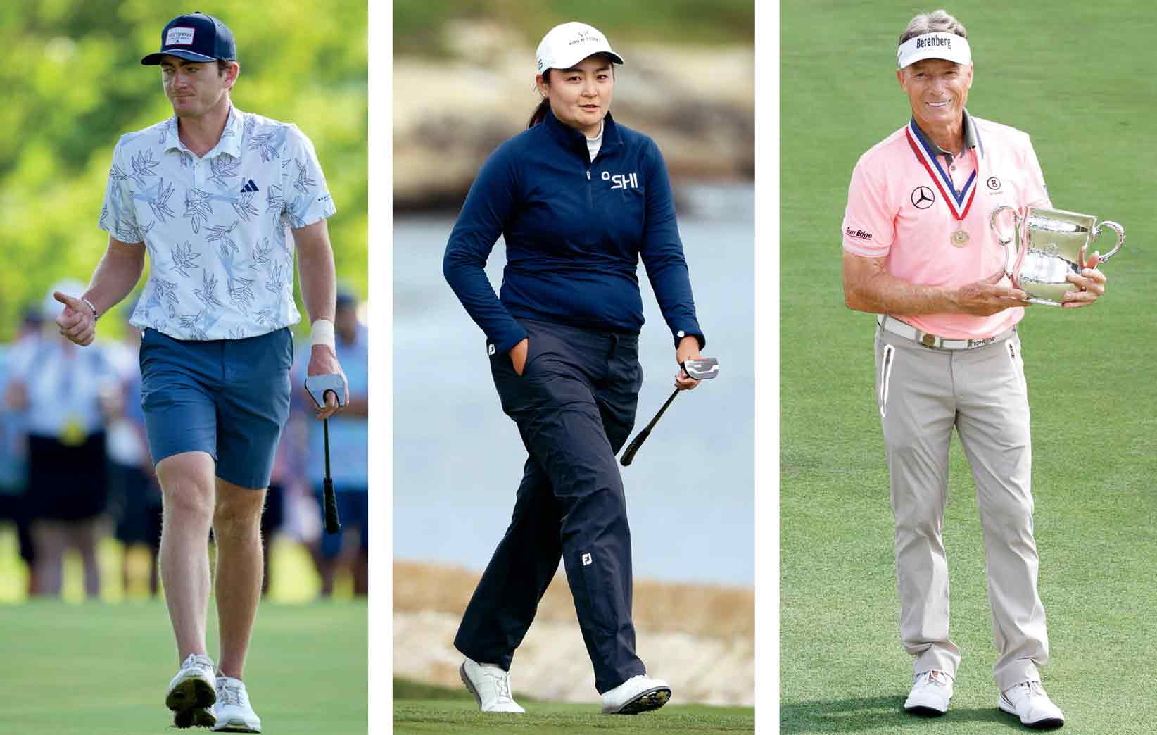 From left to right: 2023 U.S. Amateur winner Nick Dunlap, 2023 U.S. Women’s Open winner Allisen Corpuz and 2023 U.S. Senior Open winner Bernhard Langer.