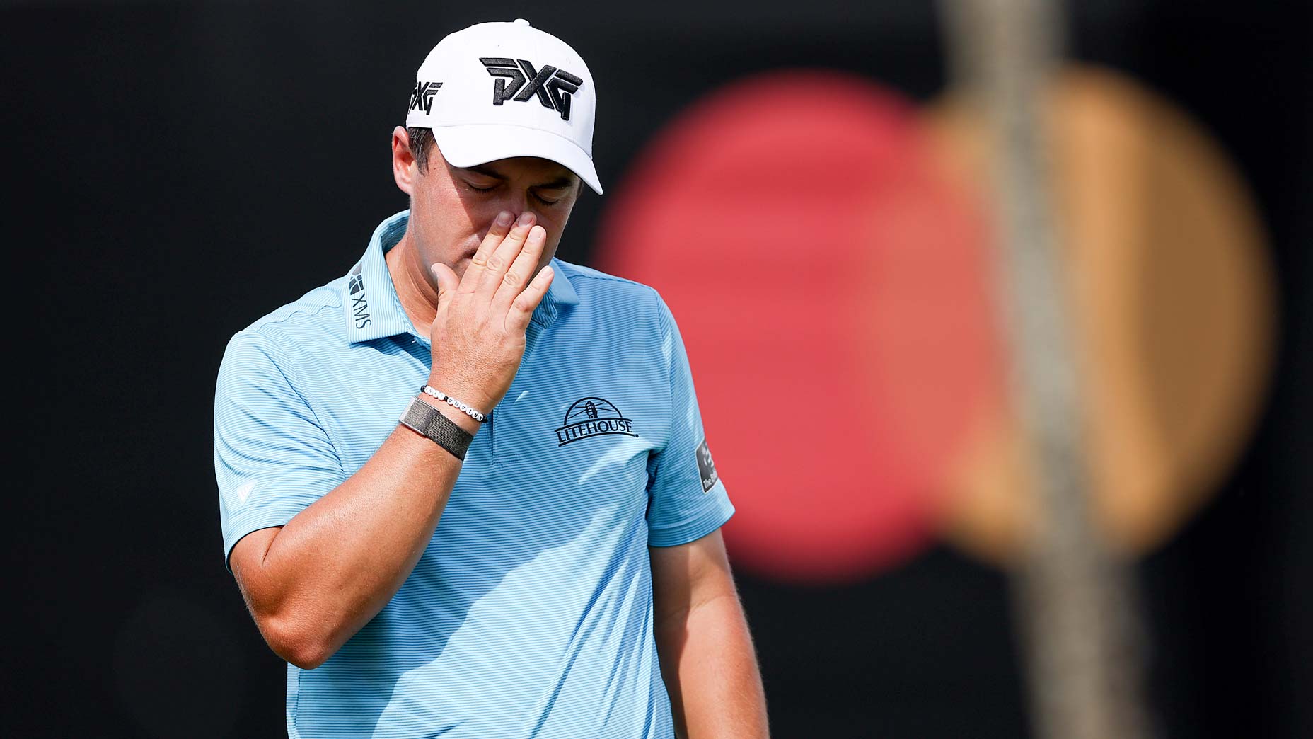 PGA Tour pro Justin Lower puts hand over face at 2024 Arnold Palmer Invitational