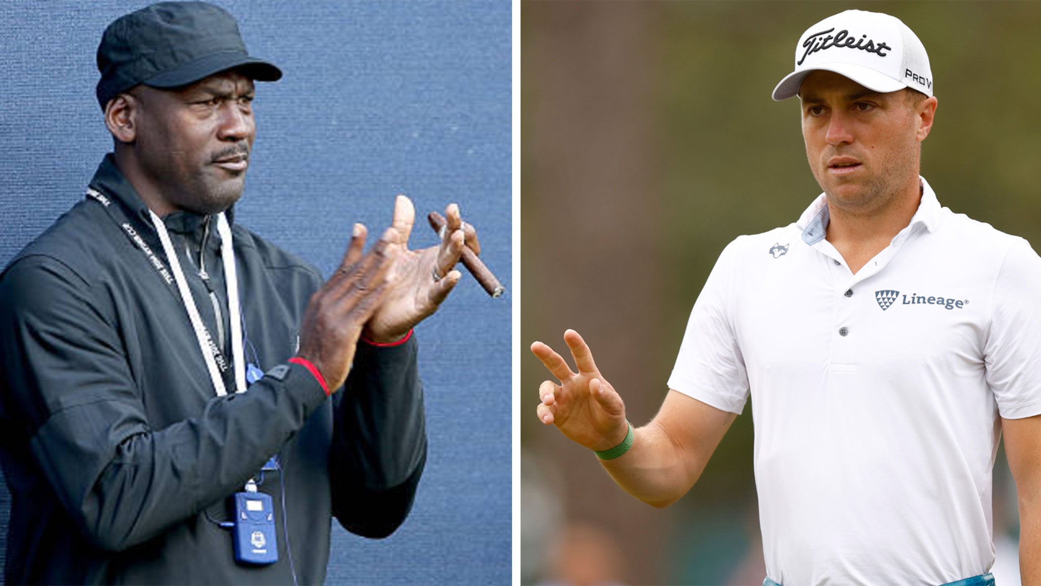 michael jordan at 2014 ryder cup, and justin thomas walking down fairway