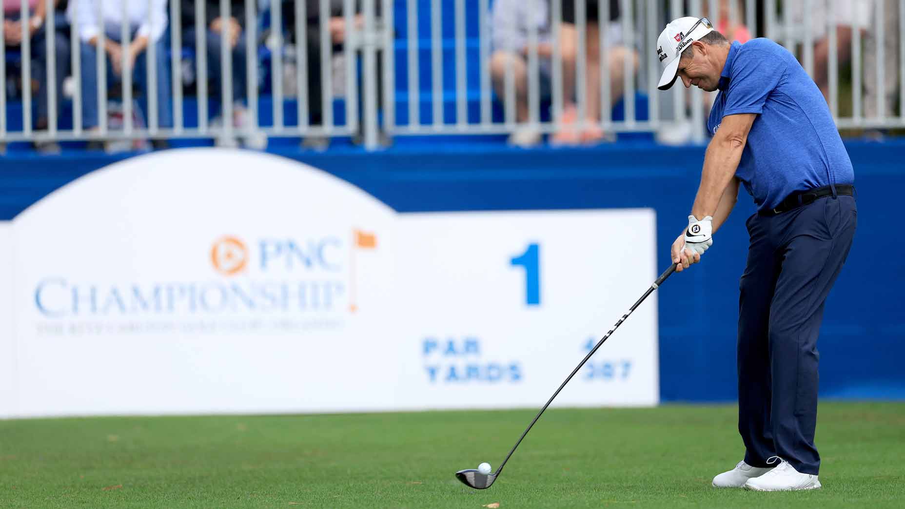padraig harrington hits driver during the 2023 pnc championship