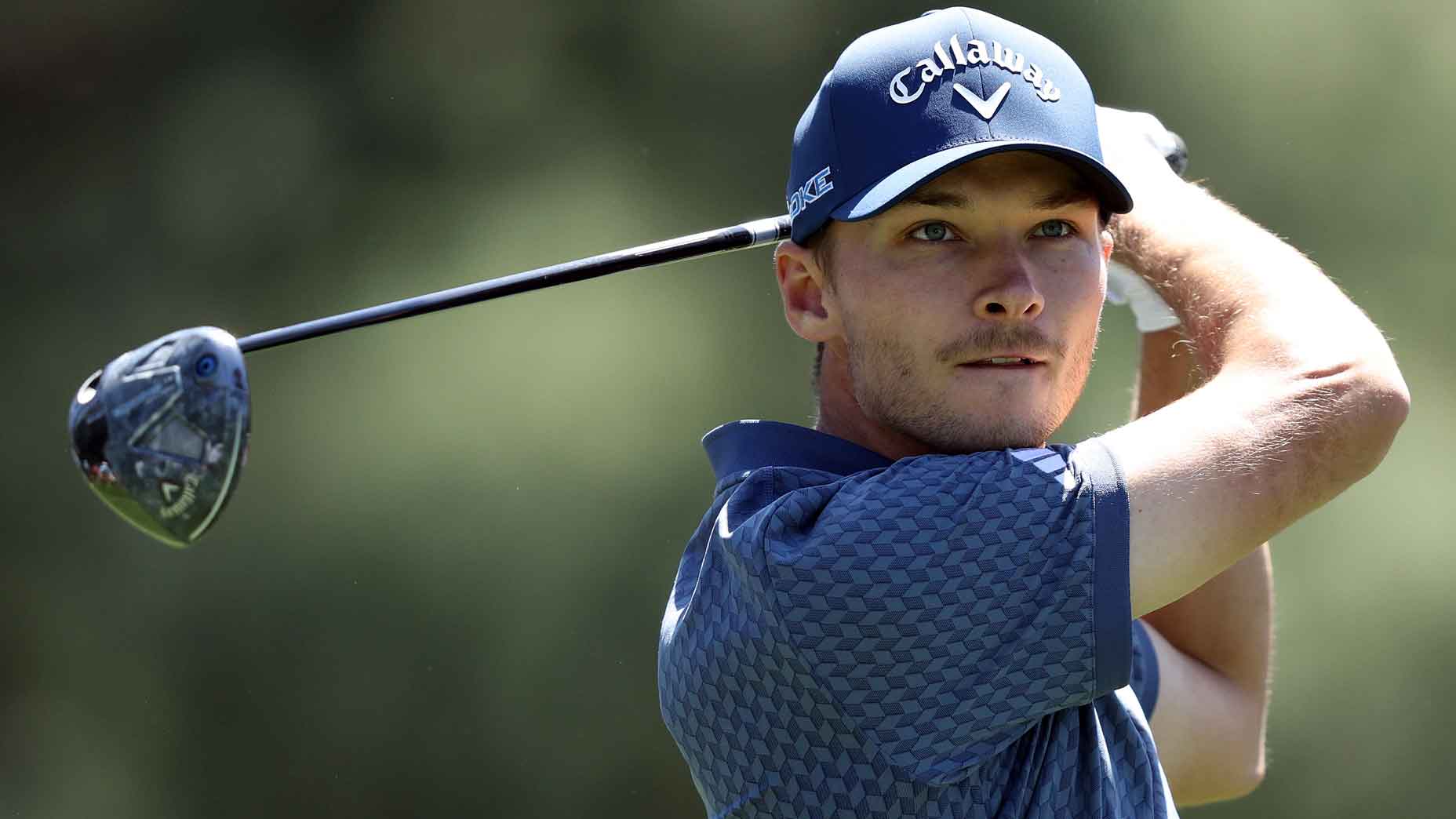 Nicolai Højgaard plays his shot from the 18th tee during the second round of the 2024 Masters at Augusta National.