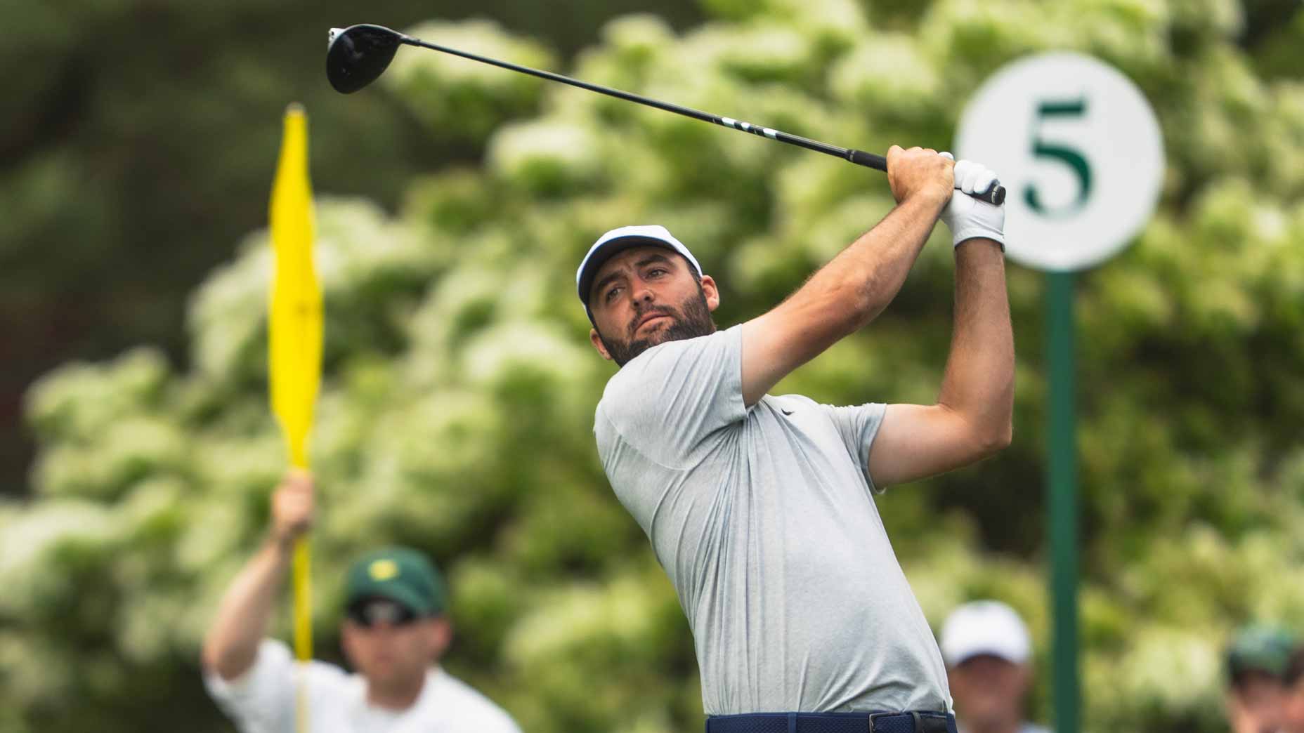 Scottie Scheffler hits a drive at the Masters.