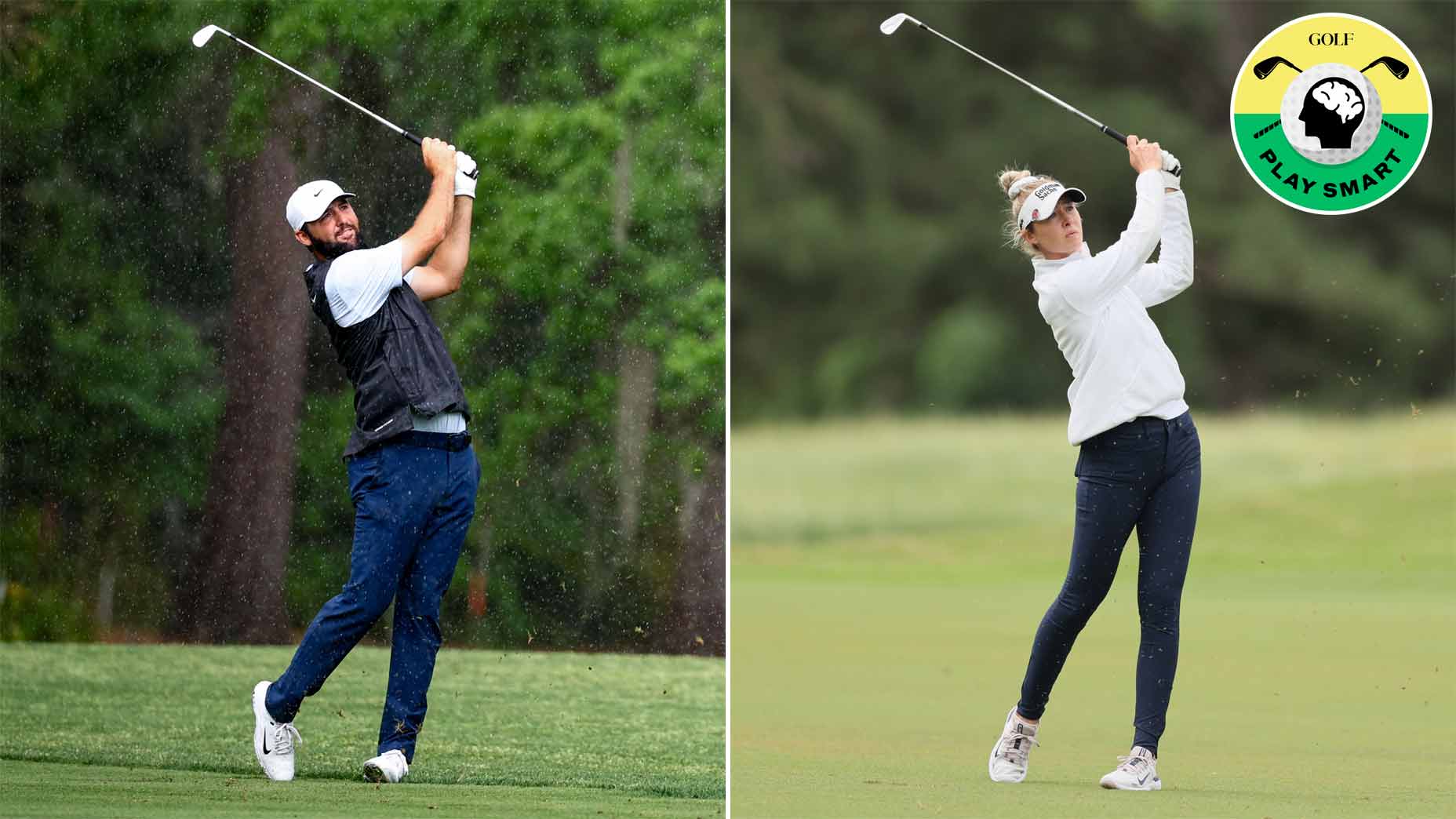 scottie scheffler swings during the 2024 rcb heritage. nelly korda swing during the 2024 chevron championship