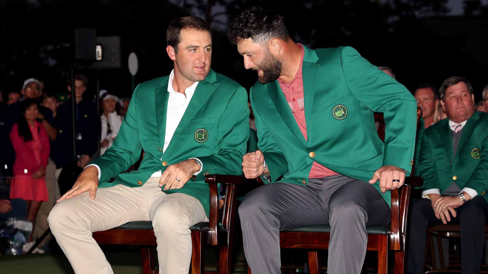 Masters champions Scottie Scheffler and Jon Rahm at the green jacket ceremony at the 2023 Masters
