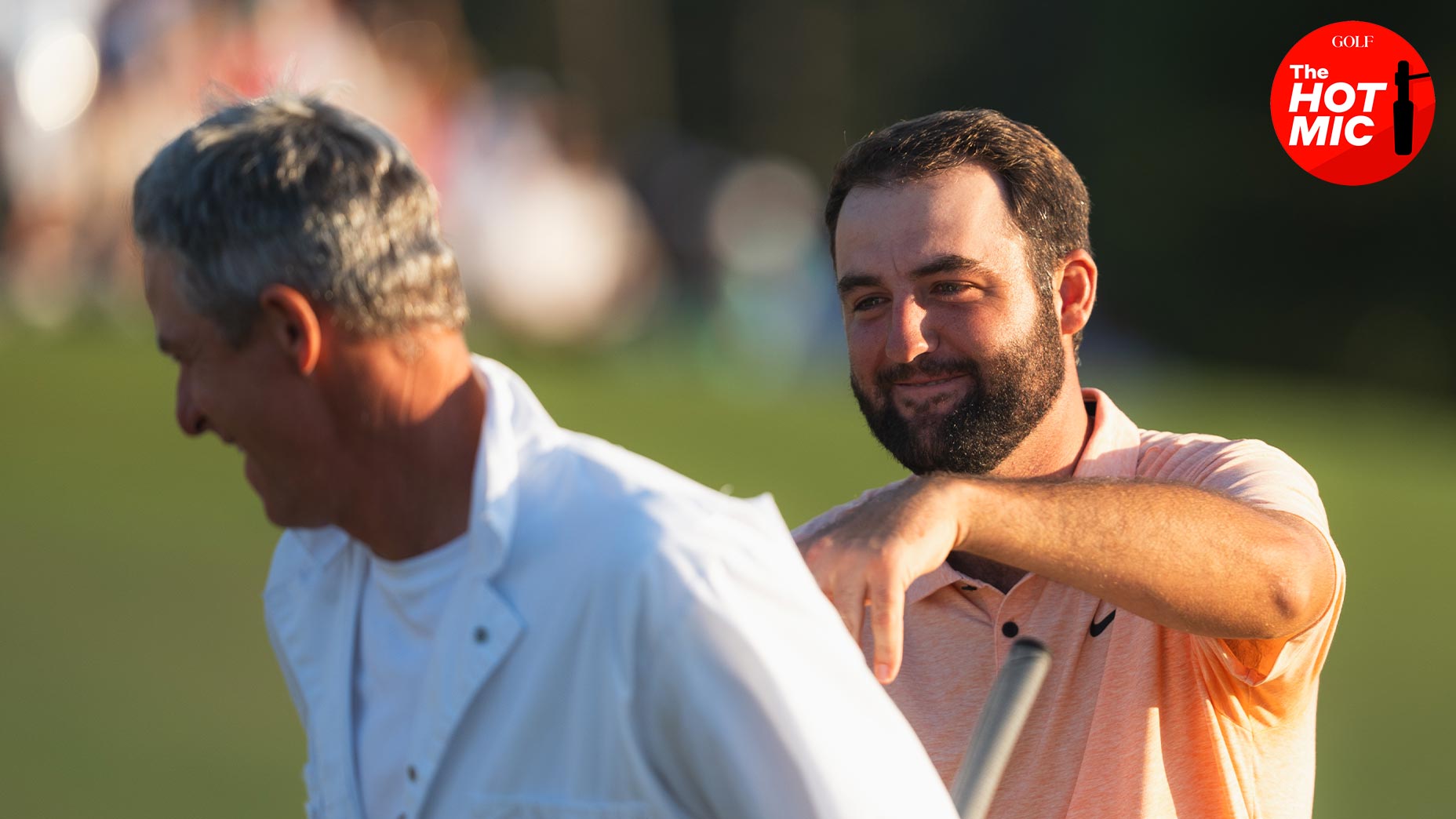 scottie scheffler pushes caddie ted scott on Masters Sunday at Augusta National