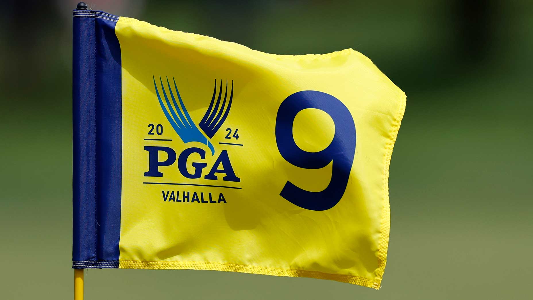 A 2024 PGA Championship flag on the 9th hole at Valhalla