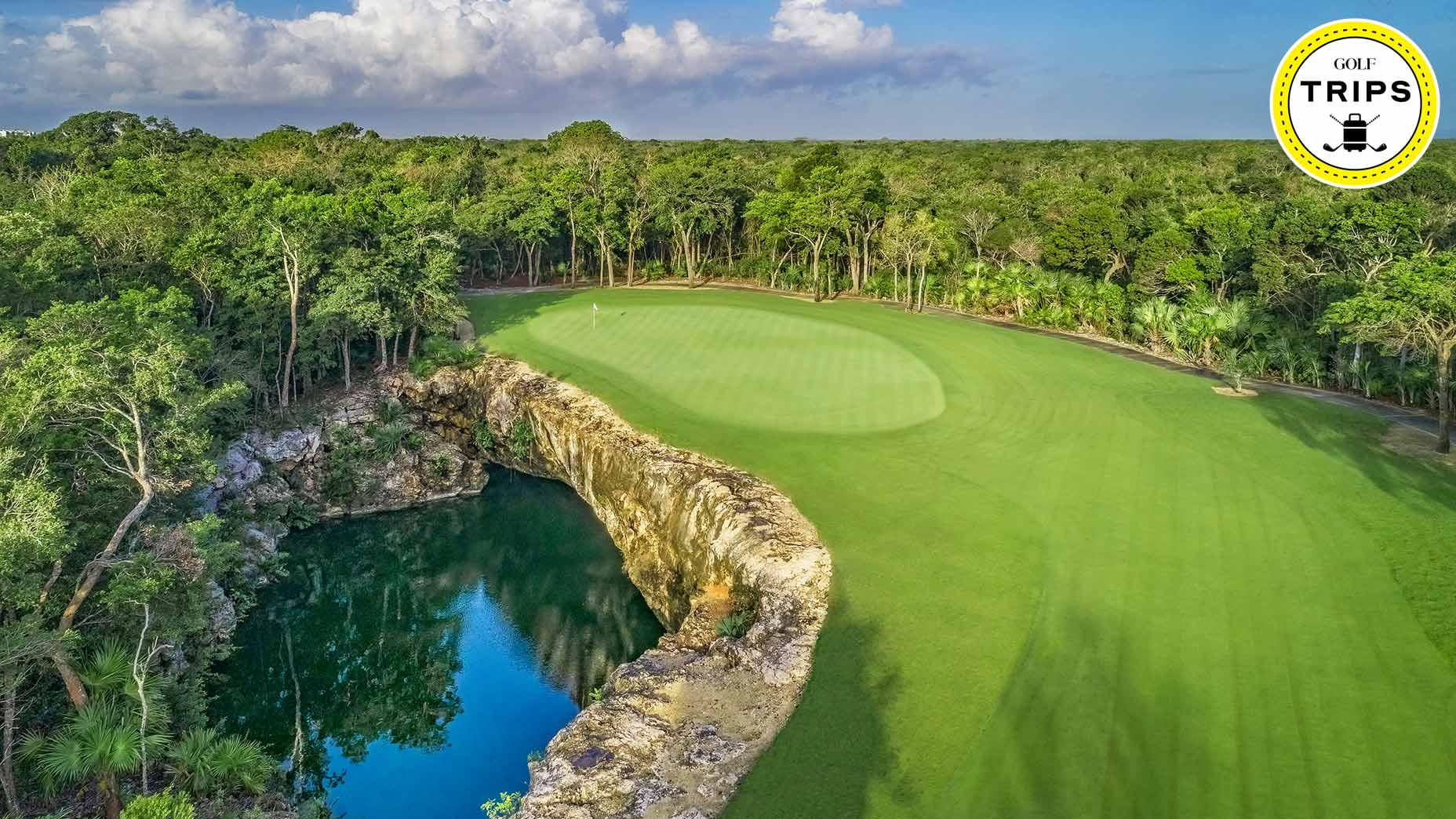 An aerial view of PGA Riviera Maya, a Robert Trent Jones II design that weaves through natural lakes and cenotes.