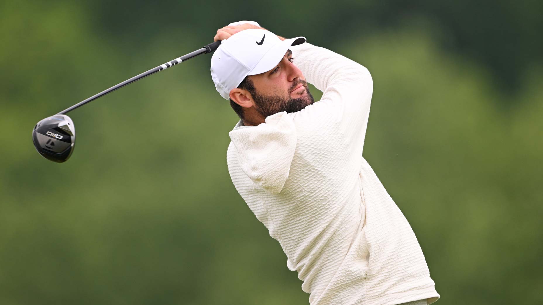 Scottie Scheffler hits drive during practice at 2024 PGA Championship