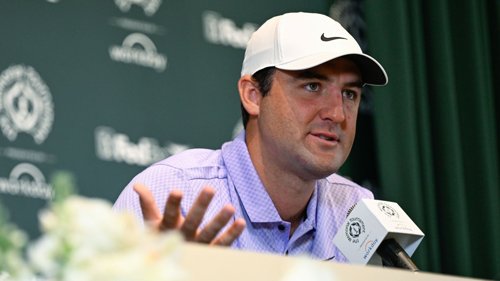 Scottie Scheffler talks during a media press conference prior to the Memorial Tournament presented by Workday at Muirfield Village Golf Club